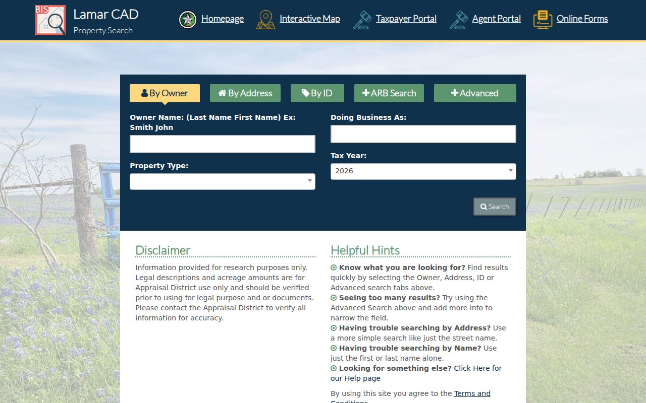 Paris residents directory Lamar CAD property search options