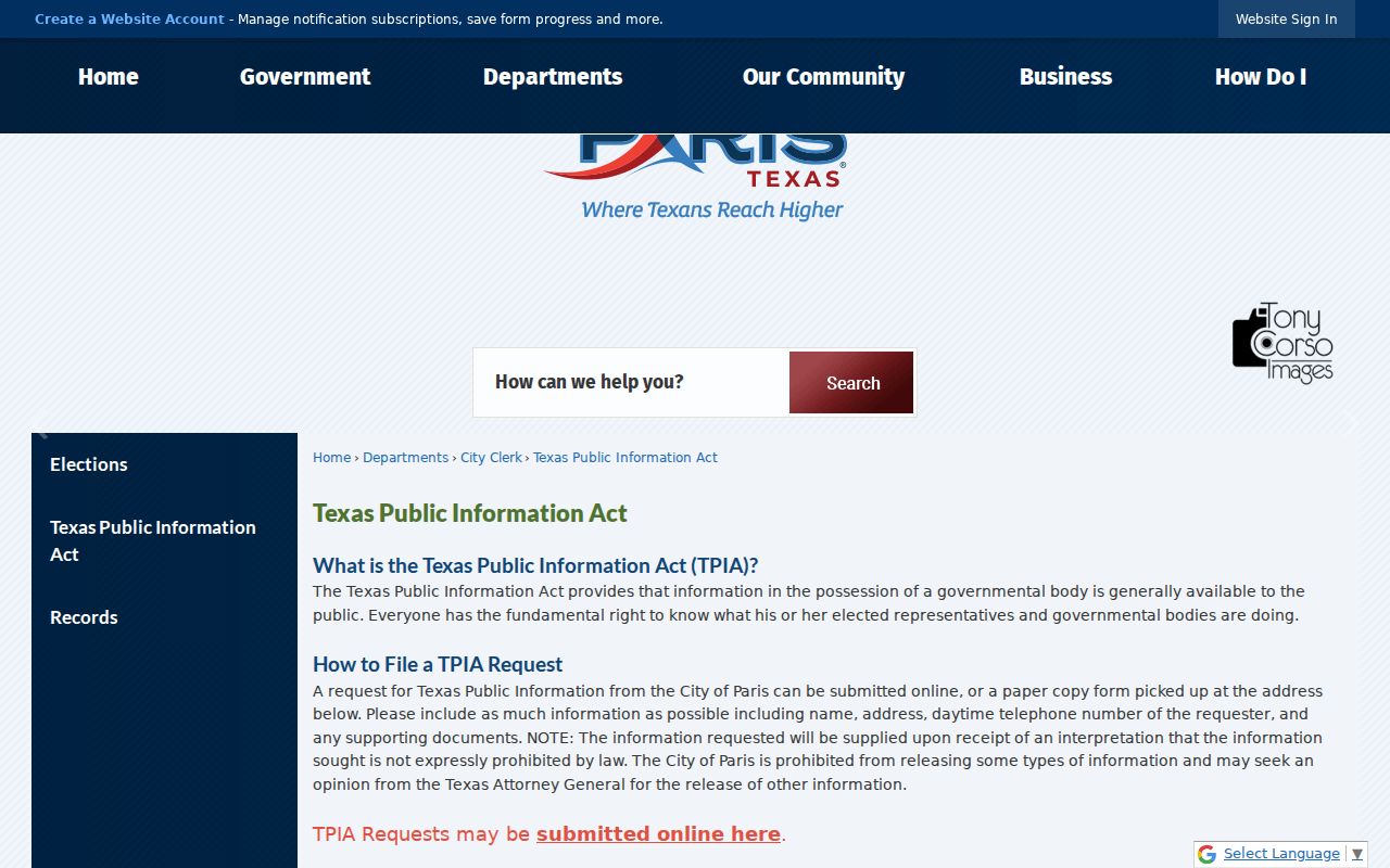 Paris residents directory Texas Public Information Act request instructions