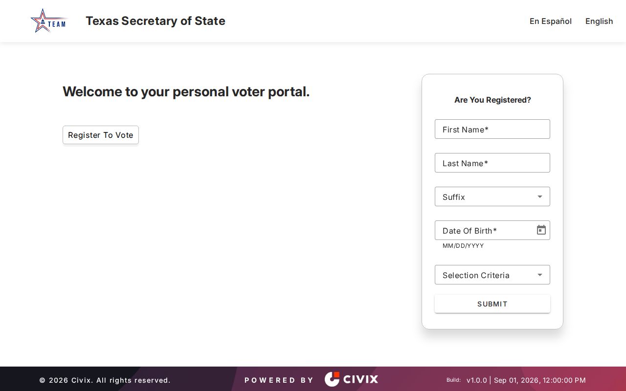 Paris resident lookup Texas My Voter Portal entry screen